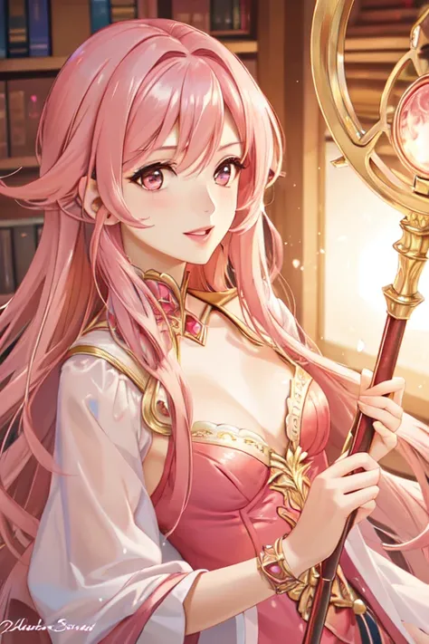 realistic cg, medium shot portrait of a beautiful sexy pink hair woman in wizard dress, (small eyes), library background, dynamic pose, giant staff