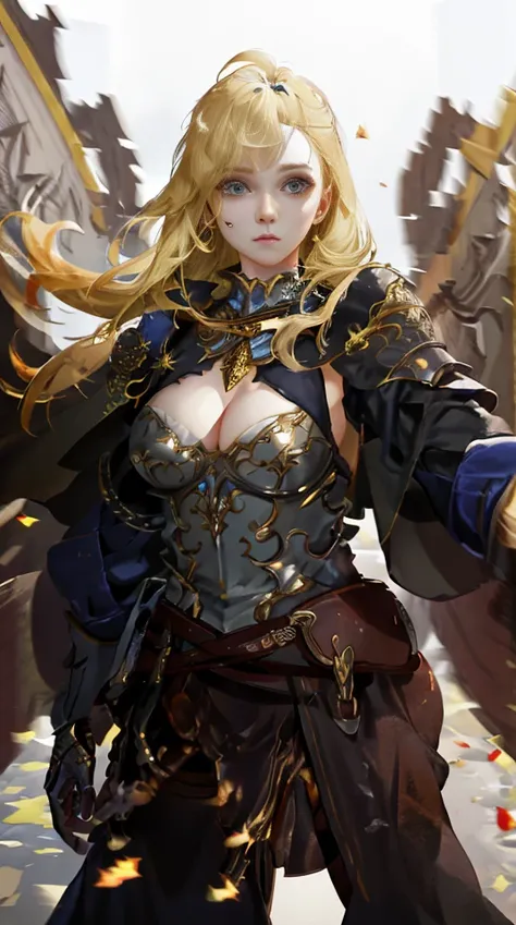 best quality,masterpiece,1girl,upper body,cleric,hiqcgbody,medium breasts,cleavage,blond hair,perfect face,white armor,fantasy background,depth of field,looking at viewer,motion blur,