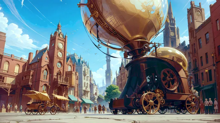 at the steampunk world fair, giant shiny machines and gears and pipes and balloons, victorian wood and white architecture, beautiful, vivid, sunny, anime movie still, ghibli style,