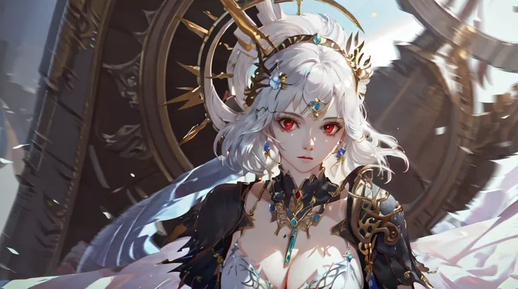 best quality, masterpiece,highly detailed,semi-realistic,1girl,mature female,upper body,cleric,hiqcgbody,medium breasts,cleavage,perfect face,red eyes,white hair,hair ornament,gem,necklace,fantasy background,depth of field,looking at viewer,motion blur,dynamic angle,