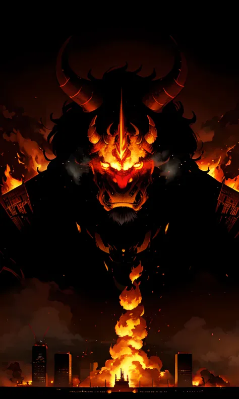 artwork of giant demon on burning city, detailed face, cinematic Lighting