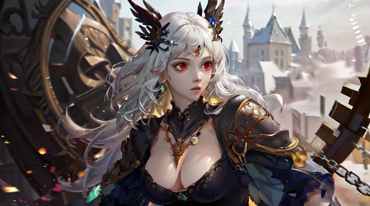 best quality, masterpiece,highly detailed,semi-realistic,1girl,mature female,upper body,cleric,hiqcgbody,medium breasts,cleavage,perfect face,red eyes,white hair,hair ornament,gem,necklace,castle in background,depth of field,looking at viewer,motion blur,dynamic angle,