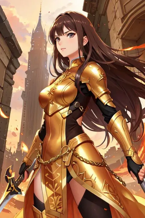 realistic cg, medium shot portrait of a brunette woman in golden armor dress, (small eyes), ruins background, dynamic pose, giant sword