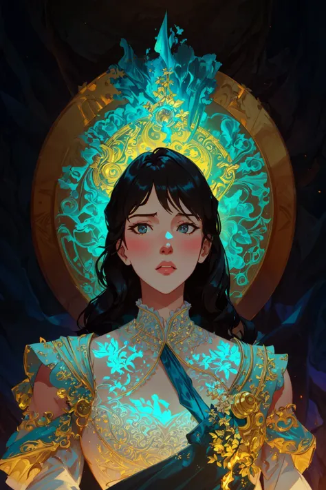 A woman in a blue dress holding a sword and a gold crown - SeaArt AI