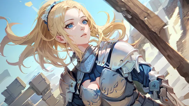 best quality, masterpiece,highly detailed,semi-realistic,1girl,mature female,upper body,knight,(white armor),detailed armor,(medium breasts),cleavage,perfect face,(blue eyes),blond hair,high ponytail,(pointy ears:0.8),no headwear,battlefield in background,depth of field,fantasy background,looking at viewer,motion blur,dynamic angle,