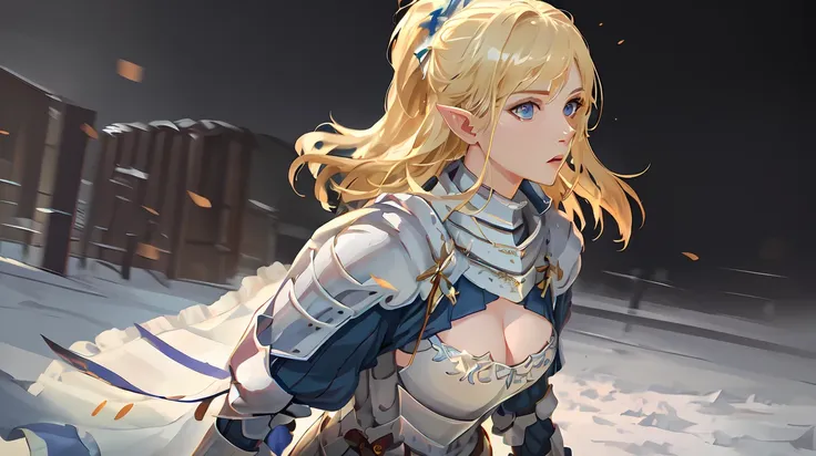 best quality, masterpiece,highly detailed,semi-realistic,1girl,mature female,upper body,knight,(white armor),detailed armor,(medium breasts),cleavage,perfect face,(blue eyes),blond hair,high ponytail,(pointy ears:0.8),no headwear,battlefield in background,depth of field,fantasy background,looking at viewer,motion blur,dynamic angle,