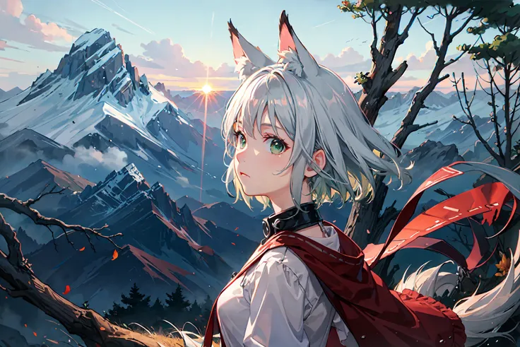 best quality,highly detailed,masterpiece,ultra-detailed,
1girl, sunrise, standing, mountaintop, mountains, pan-green silver hair, short hair, animal_ears, animal_ear_fluff, green eyes, trees, floating hair, light frown, bangs, profile, outdoors, looking at viewer