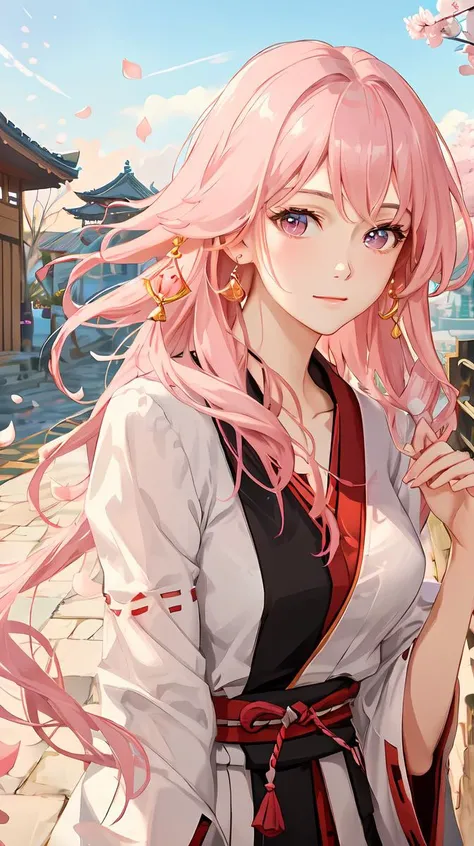 best quality, masterpiece,highly detailed,semi-realistic,1girl,mature female,upper body,yae miko,(ulzzang-6500-v1.1:0.5),medium breasts,beautiful face,long hair,pink hair,sakura petals in sky,ancient town in background,depth of field,looking at viewer,