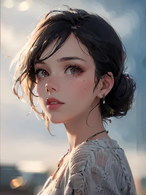 1girl, solo, jewelry, earrings, realistic, looking_at_viewer, hair_bun, blurry_background, blurry, lips, black_hair, single_hair_bun, parted_lips, shirt, brown_hair, short_hair, upper_body, nose, mole, necklace, brown_eyes, black_eyes, from_side, outdoors, depth_of_field, teeth, freckles, portrait, sky, white_shirt, bokeh, backlighting, mole_under_eye, signature, mole_on_cheek, day, lens_flare, looking_to_the_side, grey_shirt, bangs, sunlight, open_mouth, artist_name, eyelashes, sun, swept_bangs <lora:Moxin_10:0.1> <lora:Moxin_Shukezouma10:0.3>