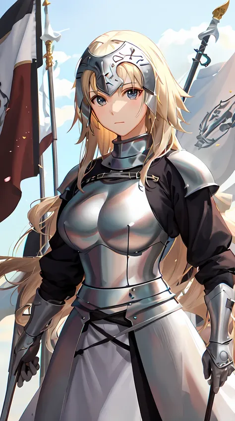 best quality, masterpiece,highly detailed,anime,1girl,mature female,upper body,(jeanne d'arc),medium breasts,perfect face,blond hair,long hair,white clothes,white armor,armored dress,headwear,flag, holy light,battlefield in background,depth of field,looking at viewer,