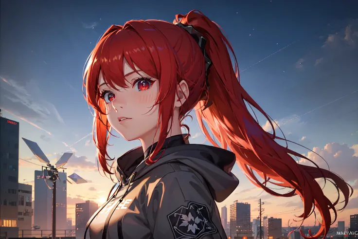 bright cinematic backlight, (masterpiece), best quality, extremely detailed CG Unity 8k wallpaper, high contrast, 1girl, side shot, light grey hoodie, looking at viewer, (red eyes, crosses as pupils, red hair), ponytail, holding sunflower in hand, (stunningly beautiful), ruined cityscape, 8k wallpaper, (beautiful detailed face, beautiful detailed eyes), (mature eyes)