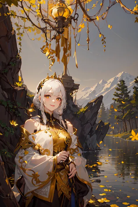 (Masterpiece:1.2), best quality, (illustration:1.2), (ultra-detailed), hyper details, (delicate detailed), (intricate details), (cinematic light, best quality Backlights), clear line, solo female, perfect body, (1girl, young girl), white hair, glowing yellow eyes, (emperor, black see-through clothes),(crown:1.1), (gold petals, lake, trees with gold leaves), slightly close eyes, (smile:1.2), ((makeup)), high contrast, (best illumination, an extremely delicate and beautiful), ((cinematic light)), colorful,