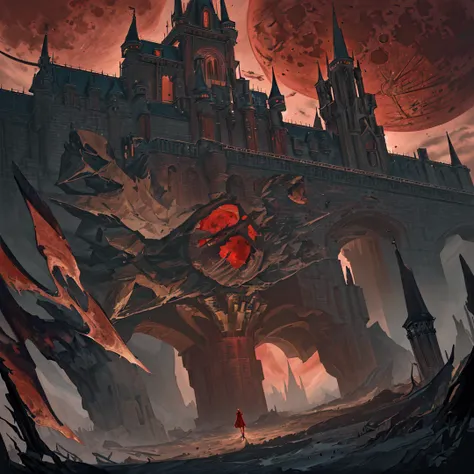highres, highest quallity, illustration, cinematic light, ultra detailed, hyper detailed, masterpiece, giant castle in the background, dynamic angle, dark fantasy, blood moon, red sky
