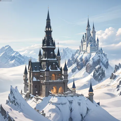 highres, highest quallity, illustration, cinematic light, ultra detailed, hyper detailed, masterpiece, medieval castle, gray dark moutain, dark sky