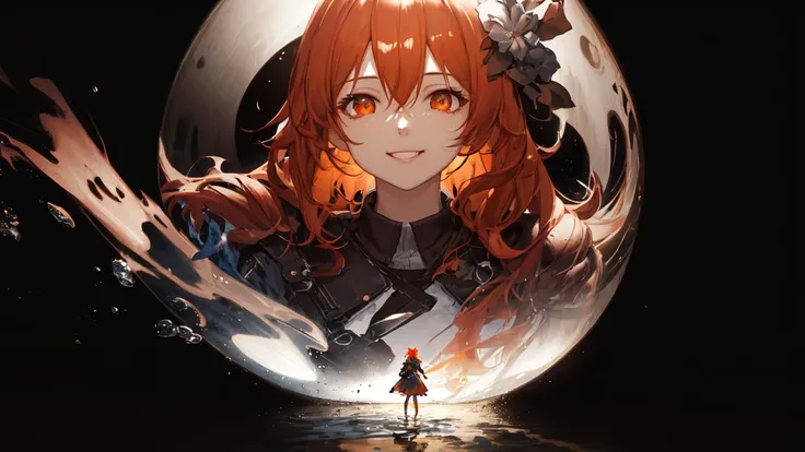 highres, masterpiece, best quality, 1girl, simple background, game cg, ultra detailed, cinematic lighting, high contrast, sharpen,
arknights, orange hair, pixivFANBOX, skinny, floating hair, tall, detailed clothes, smile, water eyes