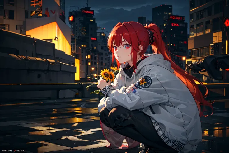 bright cinematic backlight, (masterpiece), best quality, high contrast, 1girl, side shot, (squatting), light grey hoodie, looking at viewer, (red eyes, crosses as irises, red hair), ponytail, (holding sunflower), (stunningly beautiful), ruined cityscape, 8k wallpaper, (beautiful detailed face, beautiful detailed eyes), (mature face)