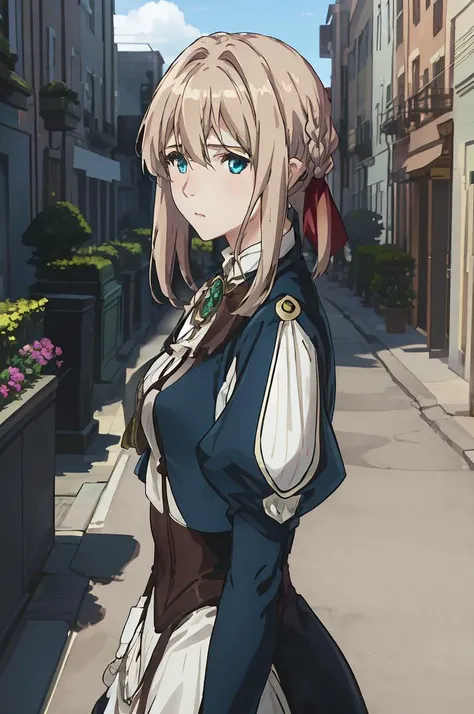 best quality, masterpiece,highly detailed,anime,1girl,upper body,violet_evergarden,medium breasts,perfect face,blond hair,hair ribbon,blue eyes,glowing eyes,blue jacket,long sleeves,white dress,green gem,brown gloves,outdoors,street,depth of field,looking at viewer,