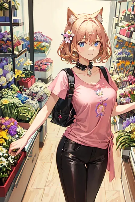 (best quality), ((masterpiece)), (highres), extremely detailed girl, solo, sharp focus,((((((flower shop)))))), ((cinematic lighting)), (((character(((1 girl)))))), solo, (((beautiful plain pink t shirt))), pants, standing, light smile, closed mouth, (((((sharp focus))))), (((((masterpiece illustration))))), ((((medium shot)))), shiny hair, short hair, blonde hair, curly hair, hair between eyes, beautiful detailed eyes, blue eyes, jewel-like eyes, diamond-shaped pupils, large breasts, animal ears, beautiful detailed jewel leather collar, backpack, black legwear,