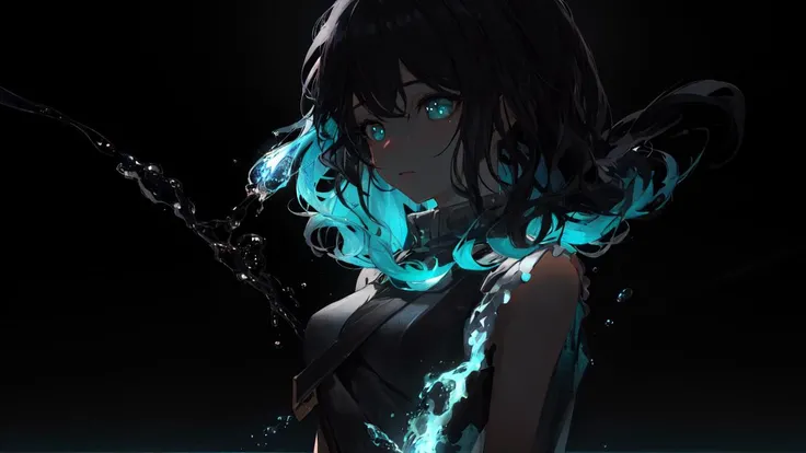 highres, masterpiece, best quality, 1girl, simple background, game cg, ultra detailed, cinematic lighting, high contrast, sharpen,
arknights, cyan hair, pixivFANBOX, skinny, floating hair, tall, detailed clothes, water eyes, fire