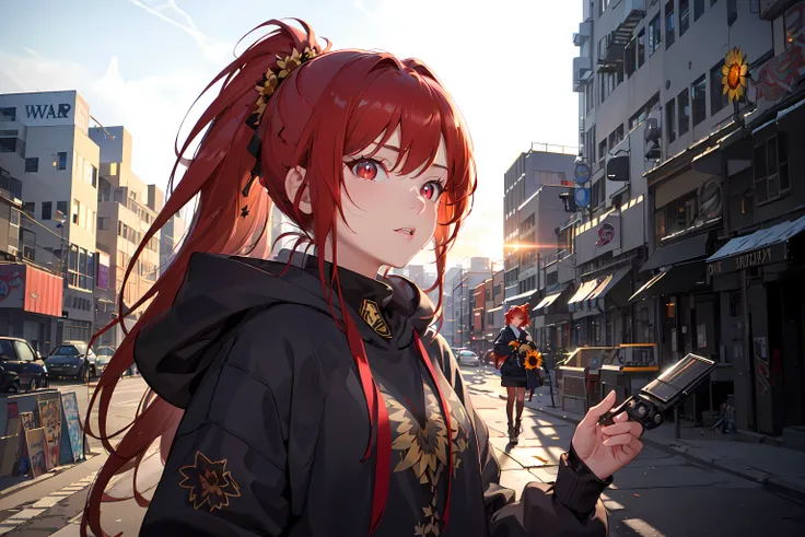 bright cinematic backlight, (masterpiece), best quality, extremely detailed 8k wallpaper, high contrast, 1girl, side shot, (waist up), light grey hoodie, looking at viewer, (red eyes, crosses as pupils, red hair), ponytail, holding sunflower in hand, (stunningly beautiful), ruined cityscape, 8k wallpaper, (beautiful detailed face, beautiful detailed eyes), (mature face)