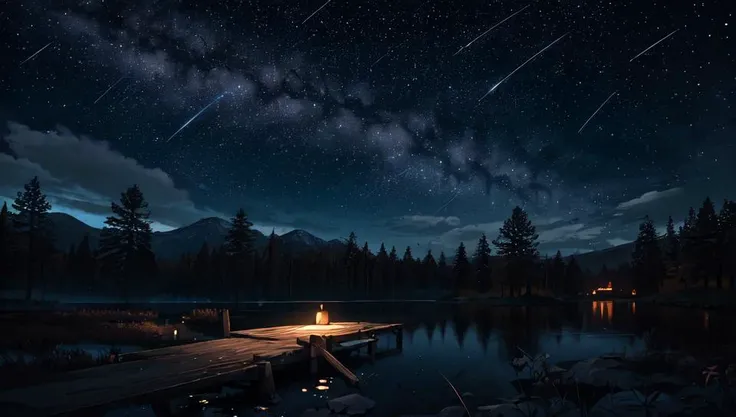 illustration, cartoon, soothing tones, calm colors, beautiful landscape, forest, lake, dark night, nabula, starry sky, shooting stars, 8k, best quality, by ilya kuvshinov, by makoto shinkai