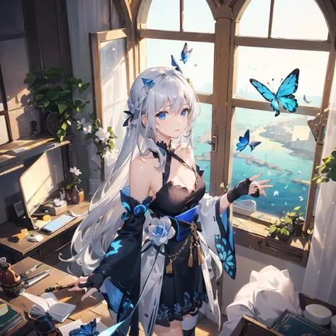 (Overhead view),dynamic angle,ultra-detailed, illustration, close-up, straight on, 1girl, (fantasy:1.4), (azure blue eyes:1.233),Her eyes shone like dreamy stars,(glowing eyes:1.233),(beautiful and detailed eyes:1.1),(Silver hair:1.14),(messy hair,very long hair,french braid,hair between eyes,sidelocks), (+(bule hair flower:1.14)),(chiffon dress,bule flower pattern in uniform)/=(military uniform:1.24),(detached sleeves,wide sleeves),(fingerless gloves),choker,(miko thighhighs),High heeled boots,(expressionless,closed mouth),(standing), (classical Princess boudoir with dressing table<books> and french window<a epic view outside the window> in a white ancient palaces),(white flowers,bloom),(abysmal sea),(flowing water),(a dull blue world tree:1.14),(ruins),(night:1.2),dreamy,soul,(fluorescence),(flying translucent blue butterflies:1.15), [[delicate fingers and hands:0.55]::0.85],(detail fingers),(yubao:0.5),