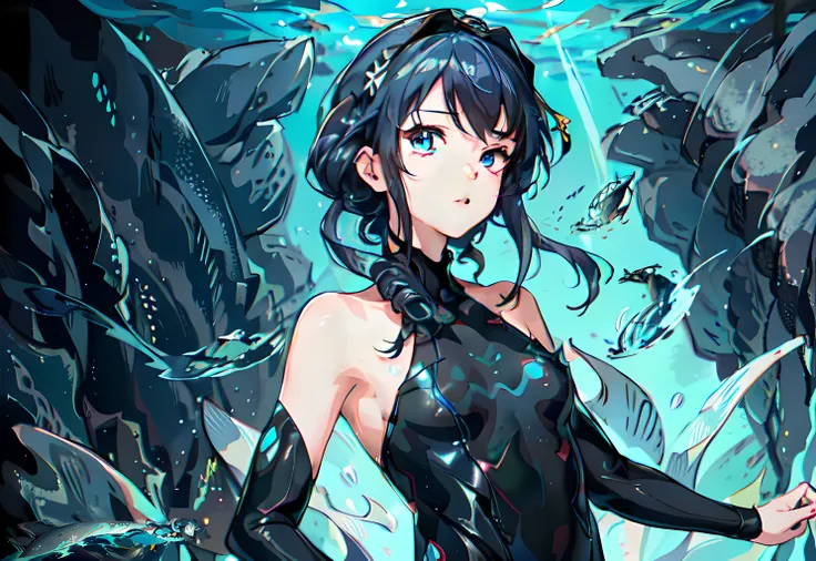 (masterpiece, best quality, ultra-detailed, best shadow), (beautiful detailed face:1.3),(solo), (family_friendly:0.8),high contrast, ultra-high resolution,(1girl under deep sea:1.6),(diving AND petting a whale:1.3),full body, diving suit,refract light from above,glowing_light,vivid seaweed,colorful corals, looking_afar, tropical fish,(turbulence disturbed hair:1.2),([blue|silver] hair:1.1) <lora:Moxin_10:0.3> <lora:iu_V35:0.2>