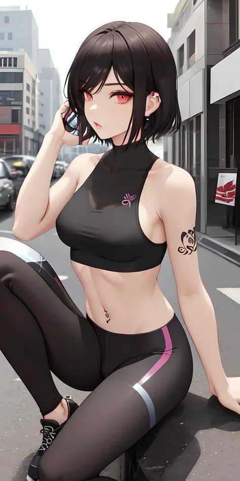 Transsexual (female to male), girl face like man, girl body like boy,beauty face,beauty eyes, short hair to ear:2.6, flat chested:2.4, Muscle:1.6, Skinny:1.4, multi tattoo:1.6, makeup:1.4, body piercing:0.8, half off shirt, sport bra top, leggings,downtown