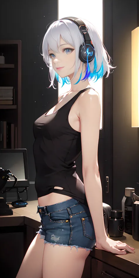 (masterpiece, finely detailed beautiful eyes: 1.2), white hair, black tank top, volumetric lighting, glowing headphone, multi-color eyes, detailed eyes, cyberpunk, futuristic, hyper detailed, light smile, highly detailed, beautiful, small details, ultra detailed, best quality, intricate, hyperrealism, sharp, digital illustration, detailed, realism, intricate, 4k, 8k, trending on artstation, good anatomy, beautiful lighting, award-winning, photorealistic, realistic shadows, realistic lighting, beautiful lighting, raytracing, intricate details, moody, rule of thirds, masterpiece, (illustration:1.1), highres, (extremely detailed CG, unity, 8k wallpaper:1.1), beautiful face, highly detailed face, ultra realistic, masterpiece, bokeh, extremely detailed, intricate, zoomout, colorful, vibrant colors, side view, denim shorts