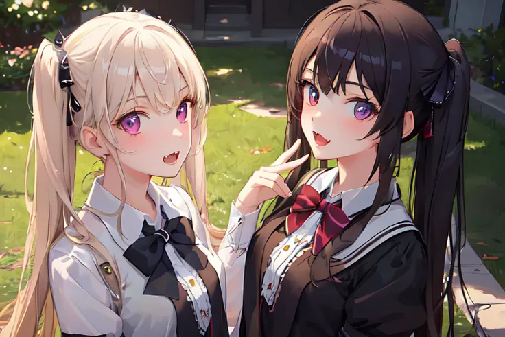 masterpiece, best quality, (2 young girls),solo finely detailed eyes and detailed face,school background,outdoors,(extremely detailed CG, ultra-detailed, best shadow), (depth of field),white school uniform,small breasts,twin tails,fangs,cheeky,beautiful concept illustration, (illustration), (extremely fine and beautiful), perfect details,