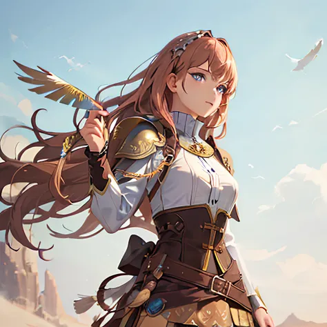 (extremely detailed CG unity 8k wallpaper, masterpiece, best quality, ultra-detailed, best shadow), beautiful detailed glow, cowboy shot, cinematic lighting, 1girl, (beautiful detailed face, beautiful detailed eyes), blue eyes, piercing eyes, Eagle-like like, Intense stare, Angular face, High cheekbones, Confident smile, Radiant complexion, Auburn hair, long hair, Practical clothing, Body armor, Feather-like locks, Feather motifs, Earthy tones, Breezy skirt, Feather-print skirt, normal breast, dynamic pose, five fingers, cinematic, arrows, archer