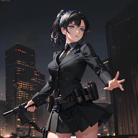 (extremely detailed CG unity 8k wallpaper, masterpiece, best quality, ultra-detailed, best shadow), beautiful detailed glow, cowboy shot, cinematic lighting, 1girl, (beautiful detailed face, beautiful detailed eyes), Mischievous eyes, ice blue eyes, Dark circles from lack of sleep, Steely stare, Intense gaze, Scar above eyebrow, Chiseled jawline, black suit, suit and tie, Bulletproof vest, Tactical belt, short skirt, Black skirt, normal breast, black hair, slicked back, ponytail, Strands falling over forehead, short hair, dynamic pose, lithe form, five fingers, cinematic, proper fingers, (collapsed city background), Semi-automatic handguns, Sniper rifles, Combat machetes, Throwing knives