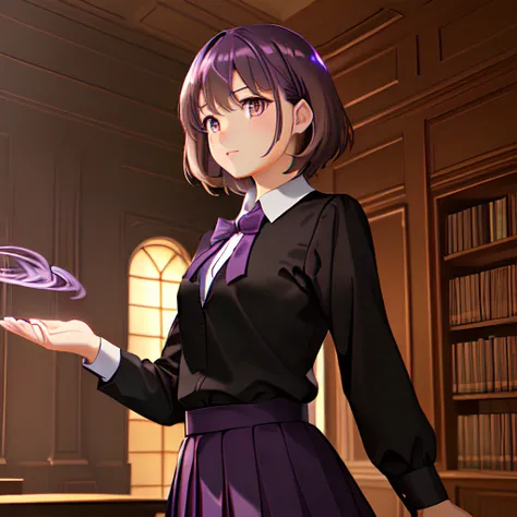 (extremely detailed CG unity 8k wallpaper, masterpiece, best quality, ultra-detailed, best shadow), beautiful detailed glow, cowboy shot, cinematic lighting, 1girl, (beautiful detailed face, beautiful detailed eyes), Piercing eyes, (brown eyes:1.4), Hypnotic eyes, Alluring eyes, Innocent face, Youthful, Unassuming, (School uniform:1.2), (white shirt, casual shirt:1.2), black skirt, (black tie), schoolgirl, normal breast, (brown hair:1.2), (Shoulder-length hair, short hair:1.2), slight wave hair, glossy hair, dynamic pose, five fingers, cinematic, proper fingers, (purple fire:1.4), casting magic, backlighting, books, library background