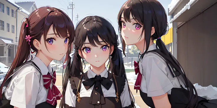 masterpiece, best quality, (3 young girls),solo finely detailed eyes and detailed face,school background,outdoors,(extremely detailed CG, ultra-detailed, best shadow), (depth of field),school uniform,small breasts,twin tails,cheeky,beautiful concept illustration, (illustration), (extremely fine and beautiful), perfect details,