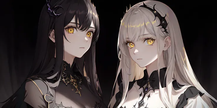 (masterpiece), (best quality), ((2girls)), (yellow eyes),(finely detailed eyes and detailed face), (dark fantasy background), (extremely detailed CG, ultra-detailed, best shadow), ((depth of field)),((watercolor)), ((close together)),(witch),(dark magic),beautiful concept illustration, (illustration), (extremely fine and beautiful), (perfect details), (looking at viewer),demon,sin,