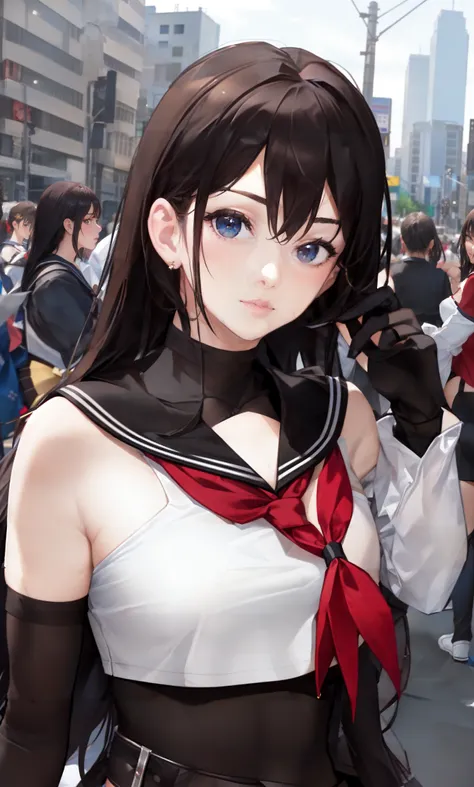 best quality, masterpiece,extremely detailed,realistic,1girl,mix4,hiqcgbody,large breasts,sailor collar,serafuku,crop top,bare shoulder,black microskirt,thighhighs,elbow gloves,streets,looking at viewer,