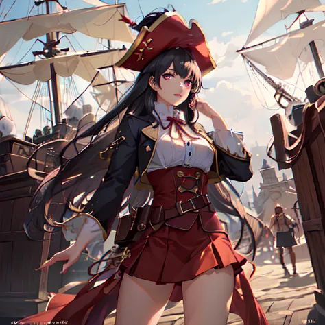 (extremely detailed CG unity 8k wallpaper, masterpiece, best quality, ultra-detailed, best shadow), beautiful detailed glow, cowboy shot, cinematic lighting, 1girl, (beautiful detailed face, beautiful detailed eyes), cunning eyes, red eyes, crafty expression, thin lips, smirk, Sharp jawline, High cheekbones, red pirate clothes, pirates hat, short skirt, thighs, legs, big breast, black hair, long hair, unkempt, dynamic pose, five fingers, cinematic, proper fingers, guns, pirate ship background, backlighting, light particles
