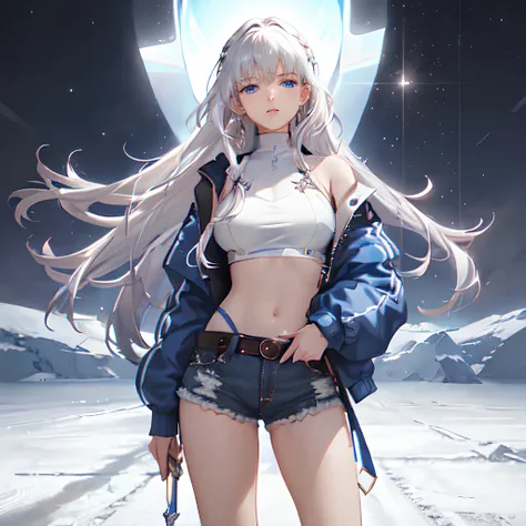 (extremely detailed CG unity 8k wallpaper, masterpiece, best quality, ultra-detailed, best shadow), beautiful detailed glow, cowboy shot, cinematic lighting, 1girl, (beautiful detailed face, beautiful detailed eyes), Pale skin, innocent eyes, blue eyes, Thin eyebrows, cold expression, Full lips, Sharp jawline, High cheekbones, ice blue jacket, sport jacket, hood jacket, white crop top, jean shorts, legs, big breast, white hair,  long hair, braid, dynamic pose, lithe form, five fingers, cinematic, proper fingers, silver blades, snowflake earrings, skating bag, Warm socks, (ice mountain background), backlighting, light particles