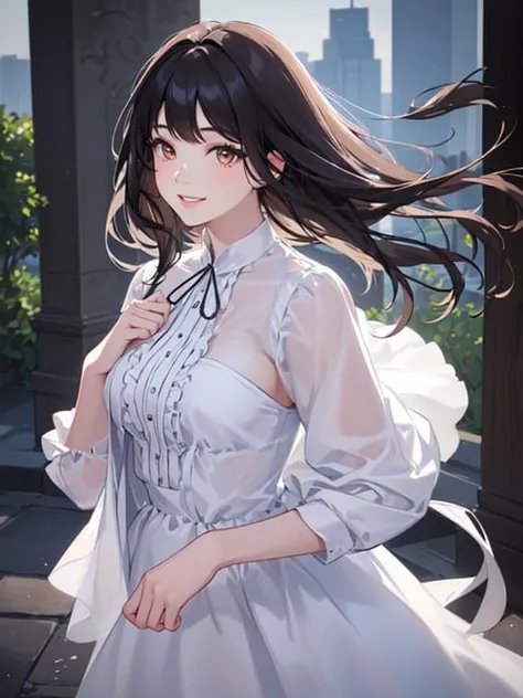 (masterpiece:1.3), (photorealistic:1.5), (best quality:1.1), ((1girl)), ((solo)), (finely detailed eyes and detailed face:1.3), (beautiful and clear background:1.2), (extremely detailed CG, ultra-detailed, best shadow:1.1), ((depth of field)), ((watercolor), beautiful concept illustration, realistic, (illustration:1.1), (extremely fine and beautiful:1.1), (perfect details:1.1), ultra high res, cinematic lighting, blurry_background, depth_of_field, backlighting, lens_flare, sunlight, outdoors, sky, looking_at_viewer, looking_to_the_side, from_side, teeth, lips, upper_body, nose, mole, brown_eyes, black_eyes, ((smile:1.4)), mole_under_eye, swept_bangs, bangs , shoes, high_heels, silk shirt, silk white shirt, silk dress