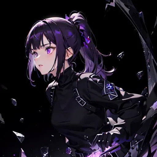 (masterpiece, best quality, ultra-detailed, best shadow), (detailed background,dark fantasy), (beautiful detailed face), high contrast, (best illumination, an extremely delicate and beautiful), ((cinematic light)), colorful, hyper detail, dramatic light, intricate details, (1 girl, solo, purple hair, sharp face, pony tail,purple eyes, dynamic angle), blood splatter, swirling black light around the character, depth of field, black light particles, (broken glass), black clothing, black cargo pants, ((black sweatshirt)), ((full body shot)), black boots, ((black gloves)), ((medium hair))