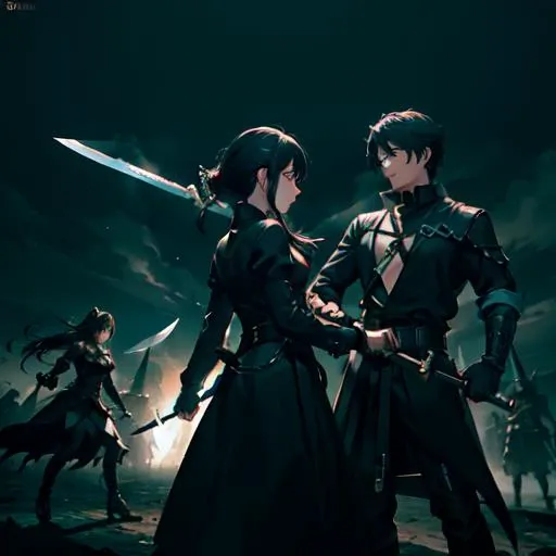 (masterpiece, best quality, ultra-detailed, best shadow), ((2 girls)), ((1 boy)), ((fighting)), ((long knife)), ((black clothing:1.3)), ((fantasy)), ((battle scene)), ((dynamic lighting)),