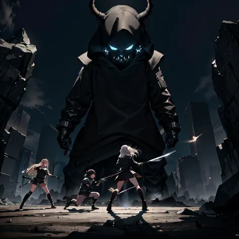 (masterpiece, best quality, ultra-detailed, best shadow), ((2 girls)), ((1 boy)), ((fighting)), ((long knife)), black clothing, black cargo pants, ((black sweatshirt)), black boots, ((black gloves)), ((fantasy)), ((battle scene)), ((dynamic lighting)), ((monster)), ((giant rock monster))