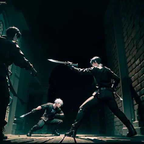 (masterpiece, best quality, ultra-detailed, best shadow), ((1 boys)), ((fighting)), ((long knife)),  black clothing, black cargo pants, ((black sweatshirt)), black boots, ((black gloves)), ((fantasy)), ((battle scene)), ((dynamic lighting)), ((monster)), ((celestial monster)), ((fighting monsters))
