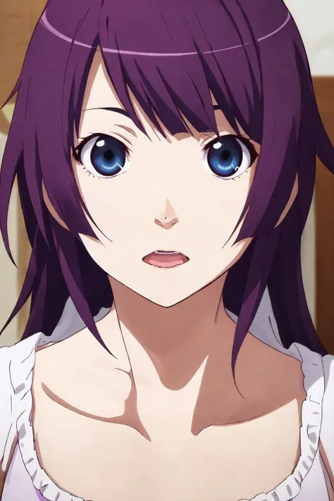 senjougahara hitagi, 1girl, purple hair, solo, electric blue eyes, long hair, looking at viewer, open mouth, collarbone, bangs, portrait <lora:senjougaharav8:0.4>