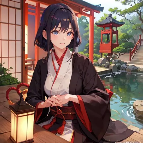 a girl monk meditating on a japanese garden, zen, (fine detailed beautiful eyes, masterpiece: 1.5), dark hair, CG, best quality, high res, 1girl, beautiful face, outdoor, daytime, takina inoue, anime, illustration, smile, semi realistic