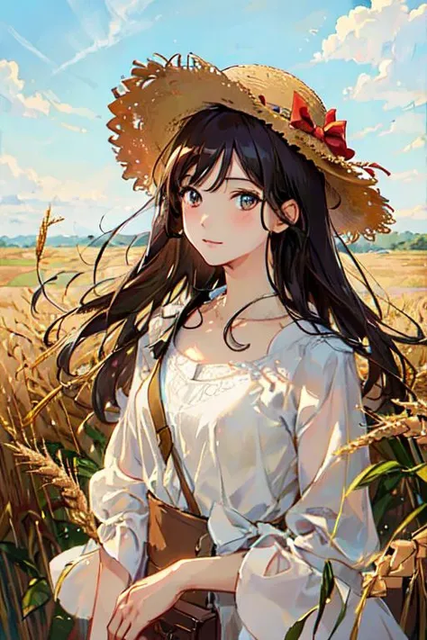 (masterpiece),(best quality:1.0), (ultra highres:1.0), detailed illustration, portrait, detailed,1girl standing in wheat field,full body, straw hat, hat ornament, wind, blue sky, necklace,looking at viewer, (foreground, wheat), <lora:japanesedolllikenessV1_v15:1>