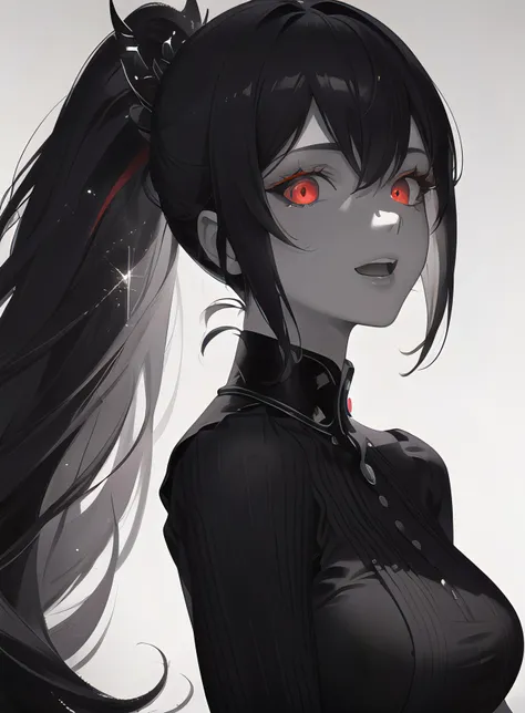 (masterpiece, best quality, ultra-detailed, best shadow), hyper detail,best illumination,8K,
long hair,shiny hair,(hair flaps),red eyes,:d,shaded face,collared dress,sparkling eyes,kanzashi,
close-up, trending on ArtStation,(monochrome:1.3),white simple background,