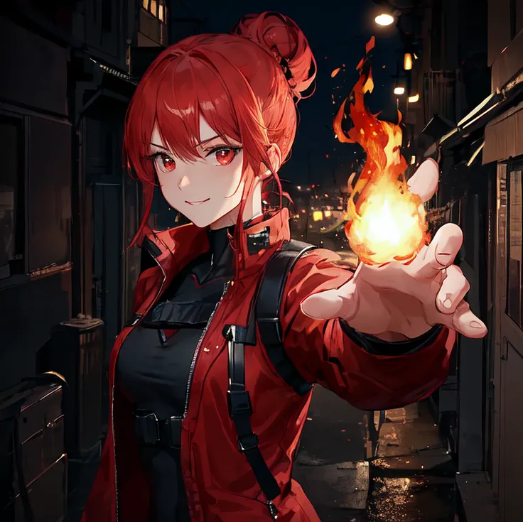 (masterpiece, best quality, ultra-detailed, best shadow), (upper body, looking at viewer, action pose, fiery aura, fire in hand, alley), (beautiful detailed face), high contrast, (best illumination), ((cinematic light)), colorful, hyper detail, dramatic light, intricate details, (young adult woman, korean, bright red hair, hair in bun, smirk, tattoos, red jacket, red eyes, black bodysuit, black tactical vest)