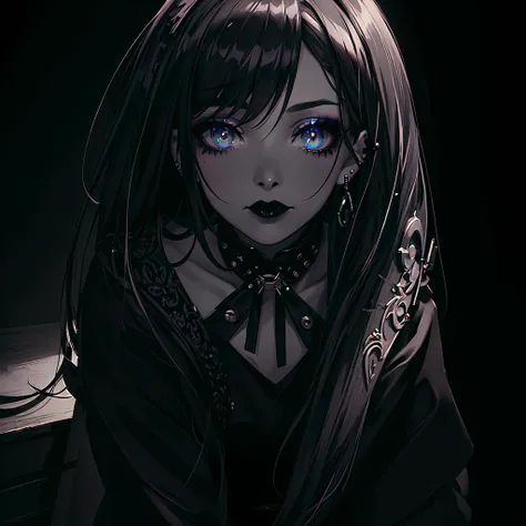 1girl, (solo:1.1), goth listening music in her room with headphones, ultra detailed background, (ultra detailed beautiful face, fine detailed beautiful eyes:1.6), ((full body)), (dark hair, ombr transition to dark blue at tips), (makeup, black lips:1.6), sharp face, pink eyes, best quality, high res, CG, indoor, thick, mature, (flat chest:1.3), (metal band posters, sitting on a desk, bed, dark walls:1.2), ear piercings, masterpiece, 8k, high contrast