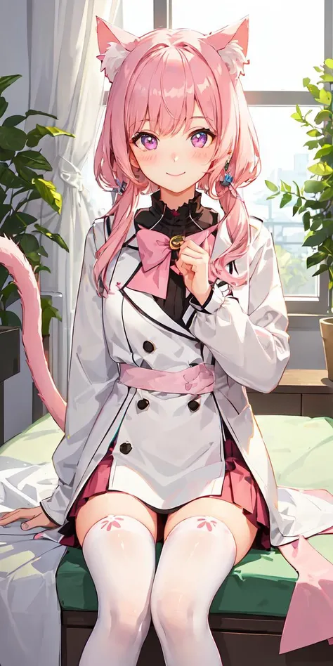 (1girl backlighting, looking at viewer, pink hair, pink eyes, blush, smile, cat ears, cat tail, cat girl, blush, ), (masterpiece, high quality, detailed background), (playing games, sitting, thighhighs,), white jacket, light smile,